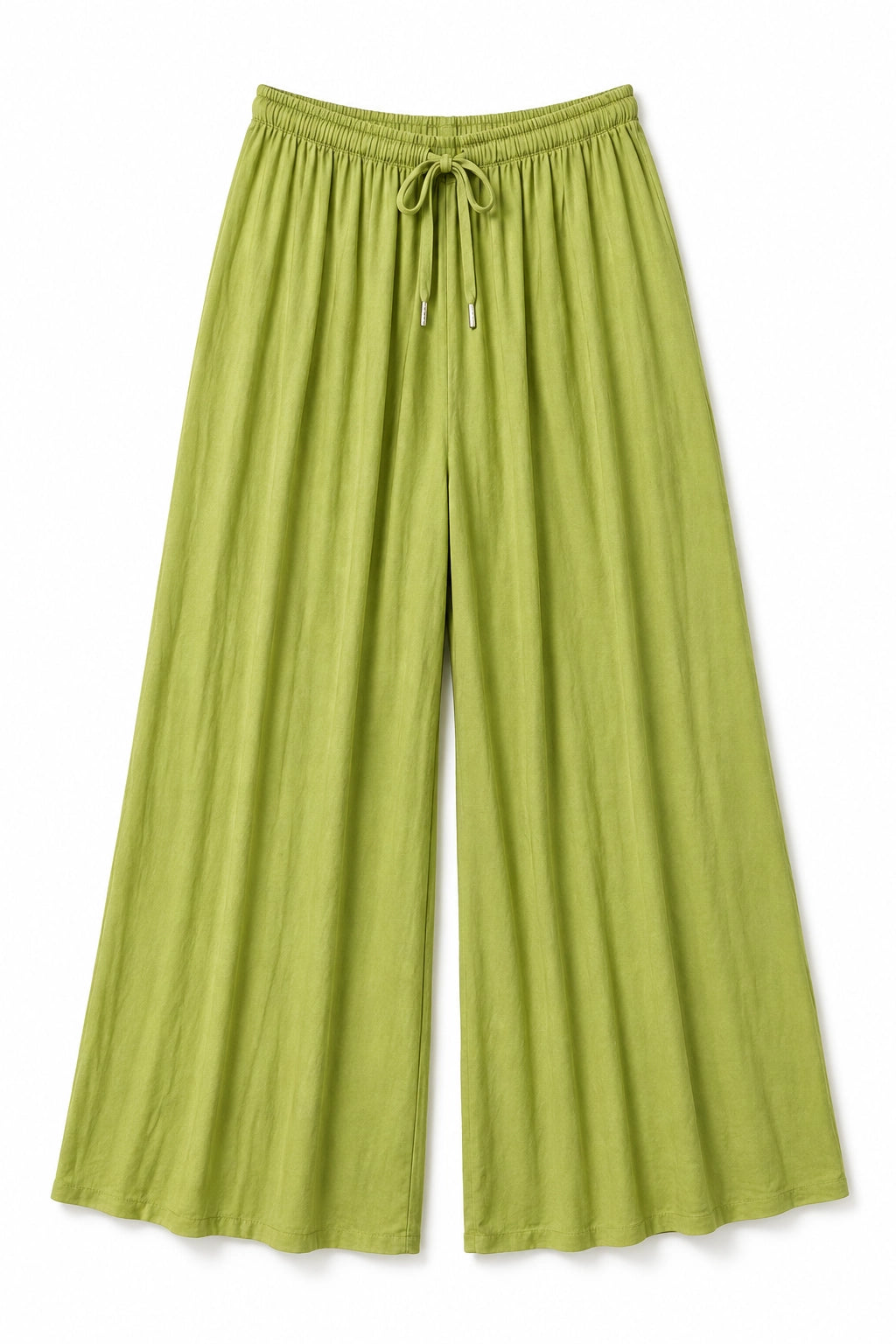 A pair of wide-leg cropped pants in a light olive green color, featuring an elastic waistband with a matching drawstring, displayed against a solid white background.