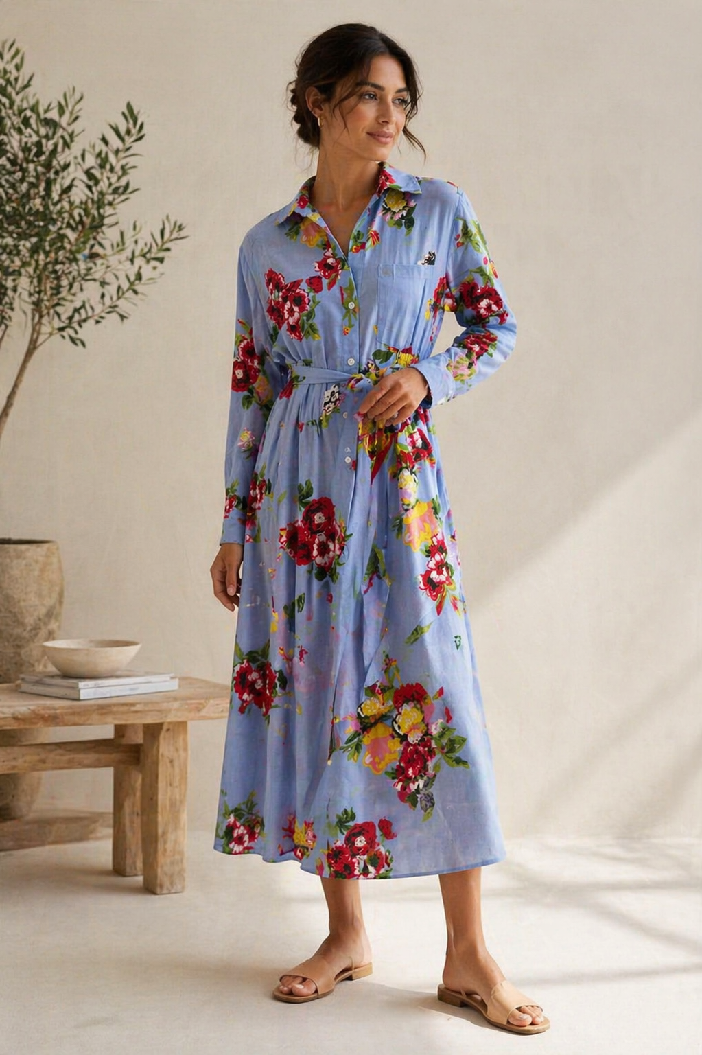Blue Cotton Floral Shirt Dress