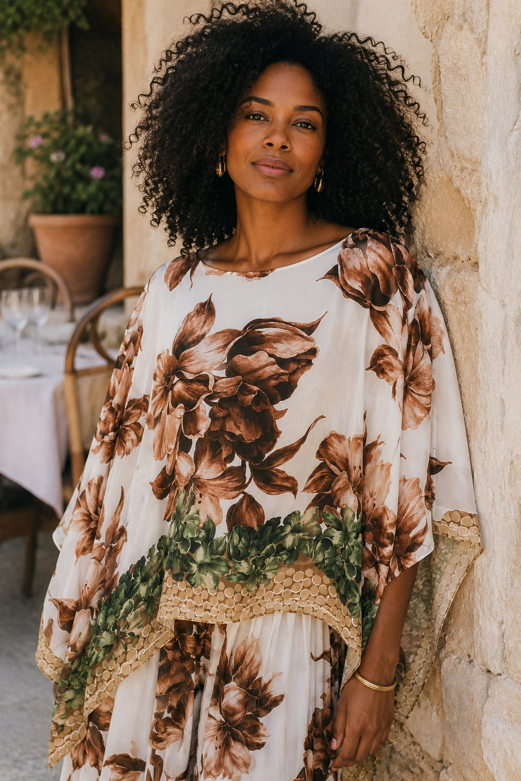 A woman with voluminous curly black hair stands outdoors against a textured beige stone wall, wearing a loose white kaftan-style dress with a large brown floral print, green leafy accents, and a beige crochet-trimmed hem.