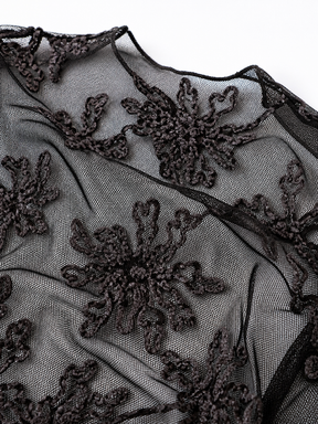 Black lace fabric with floral patterns on a white background