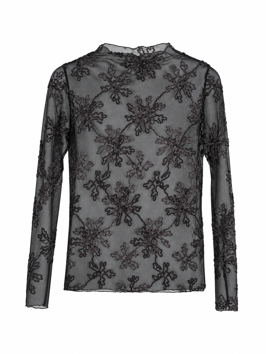 Black lace long-sleeve top on a white background