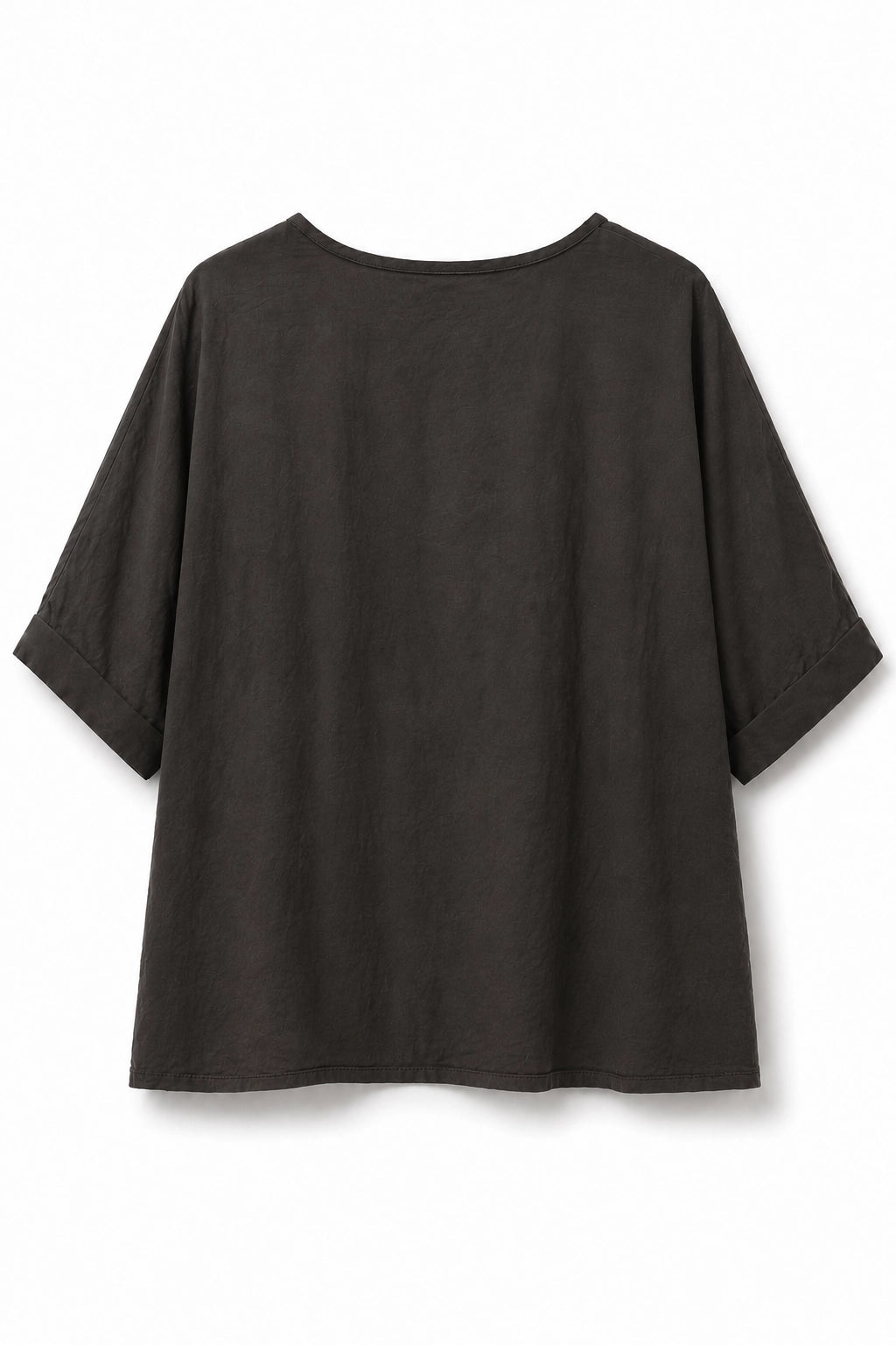 A dark charcoal gray short-sleeve t-shirt with a relaxed, oversized fit, shown from the back against a plain white background.