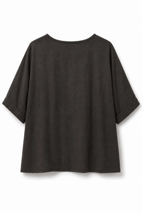 A dark charcoal gray short-sleeve t-shirt with a relaxed, oversized fit, shown from the back against a plain white background.