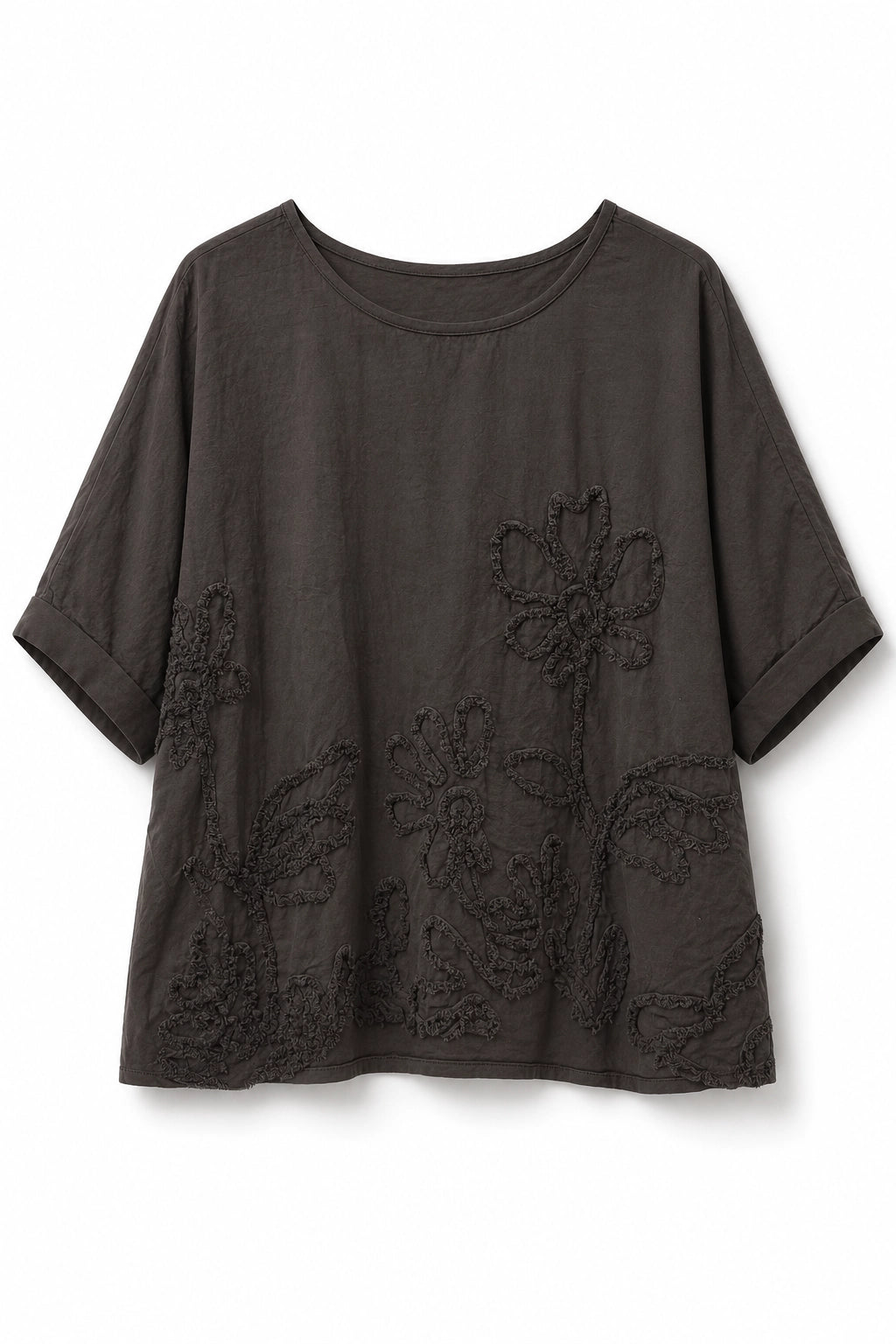 A dark brown short-sleeve top with tonal floral embroidery on the front, displayed against a plain white background.