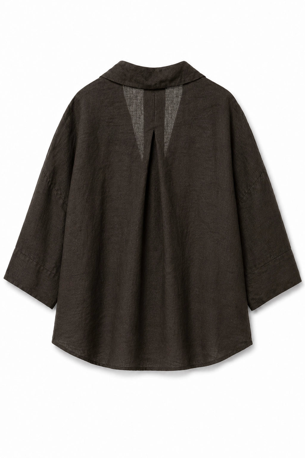 A dark brown textured linen-blend top with a wide collar, three-quarter sleeves, and a split V-back design with sheer mesh panels, shown against a plain white background.