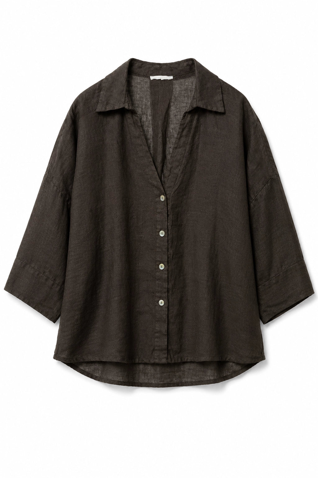 A dark brown textured linen button-up shirt with a relaxed, oversized fit, laid flat against a white background.