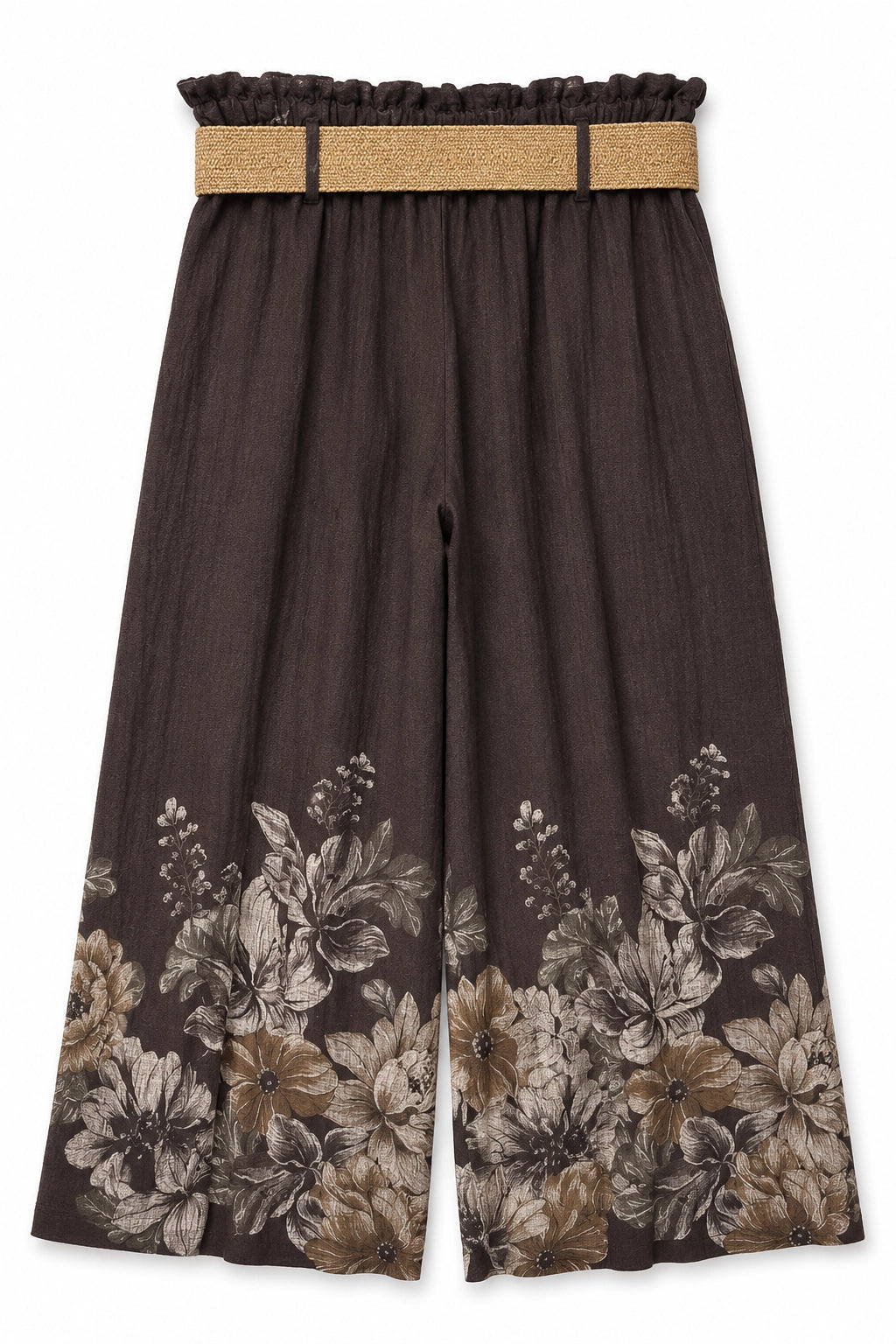 A pair of dark brown wide-leg pants featuring a floral print in beige, brown, and gray tones near the hem, with a matching textured tan waistband.