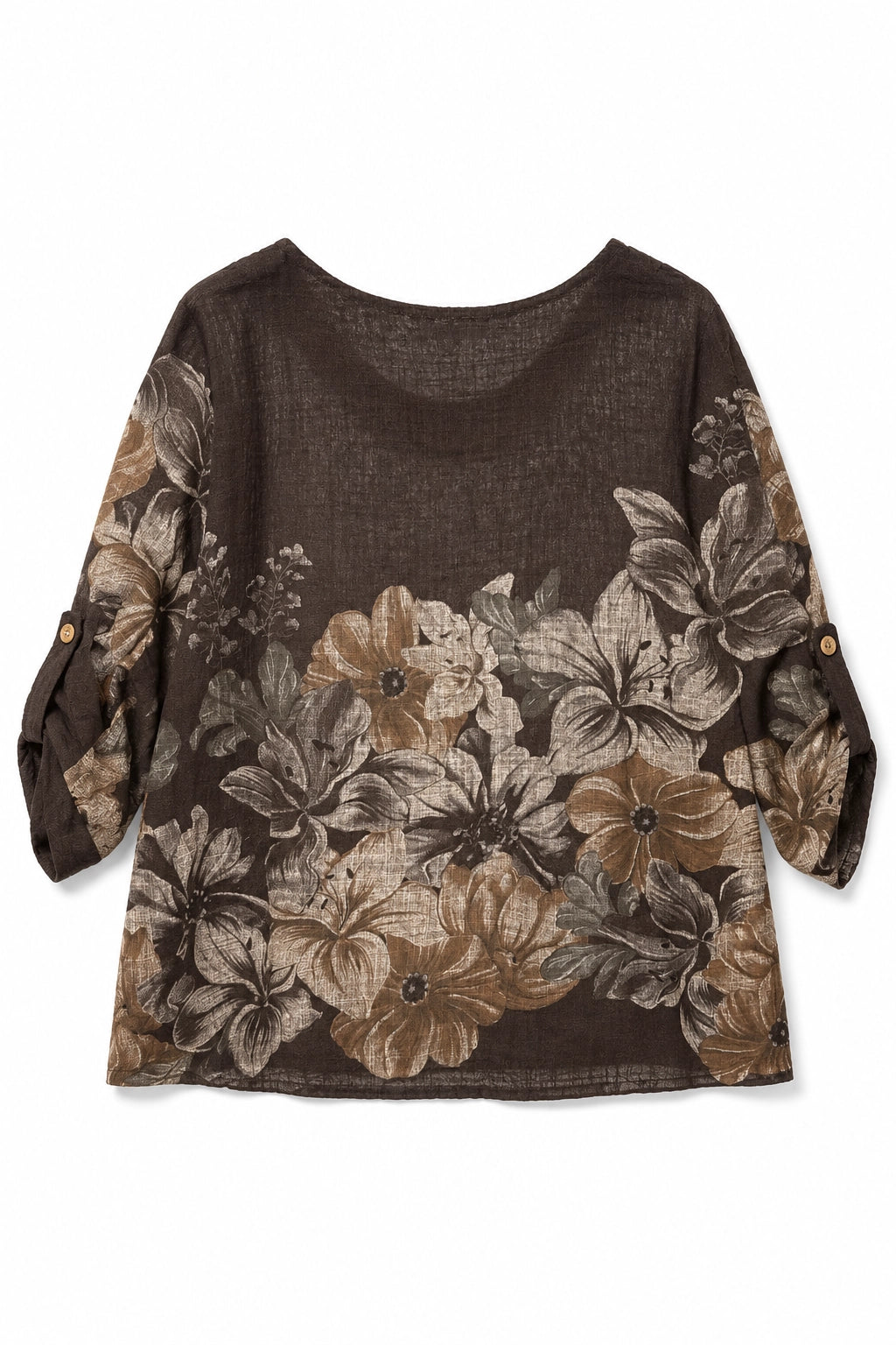 A women's three-quarter sleeve top in dark brown linen fabric, featuring a large floral print in beige, brown, and gray tones across the front and sleeves, finished with small gold buttons at the cuffs.