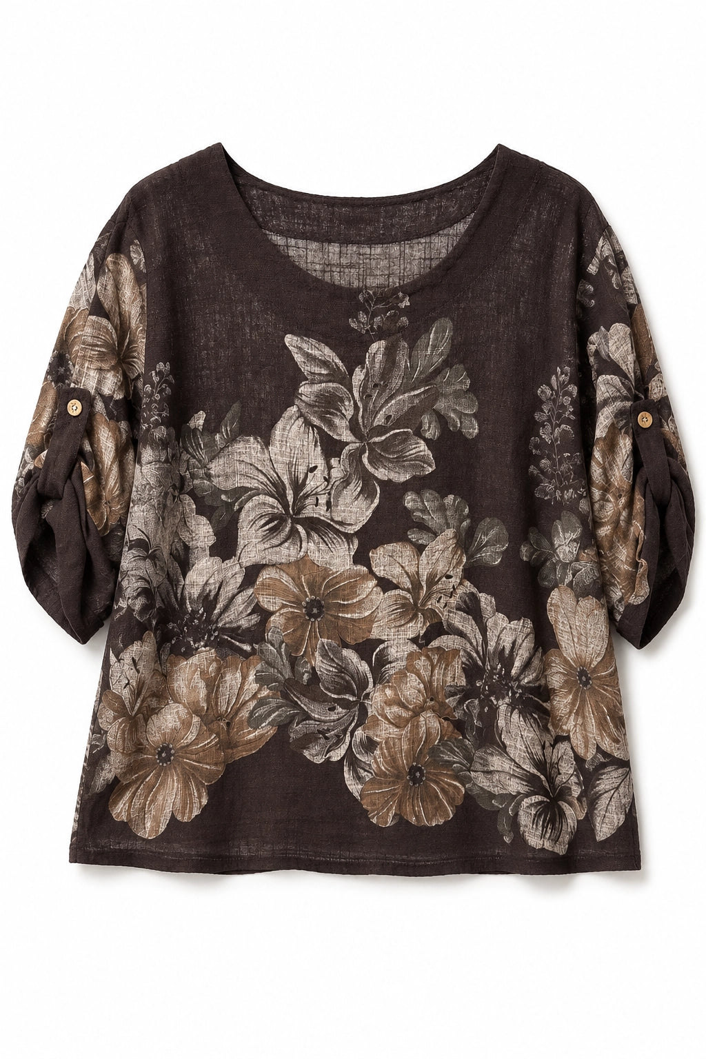 A women's short-sleeve top in dark brown linen with a large floral print in beige, brown, and gray. The sleeves have gathered cuffs with two small gold buttons.