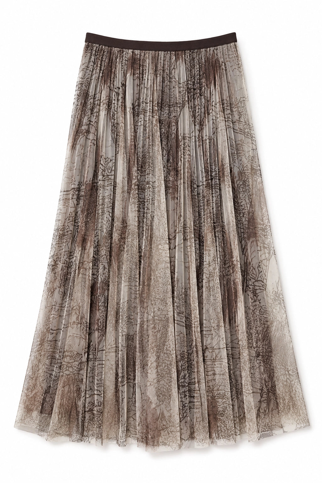A pleated tulle midi skirt with an abstract, painterly brown and beige pattern, featuring a solid dark brown waistband, shown against a plain white background.