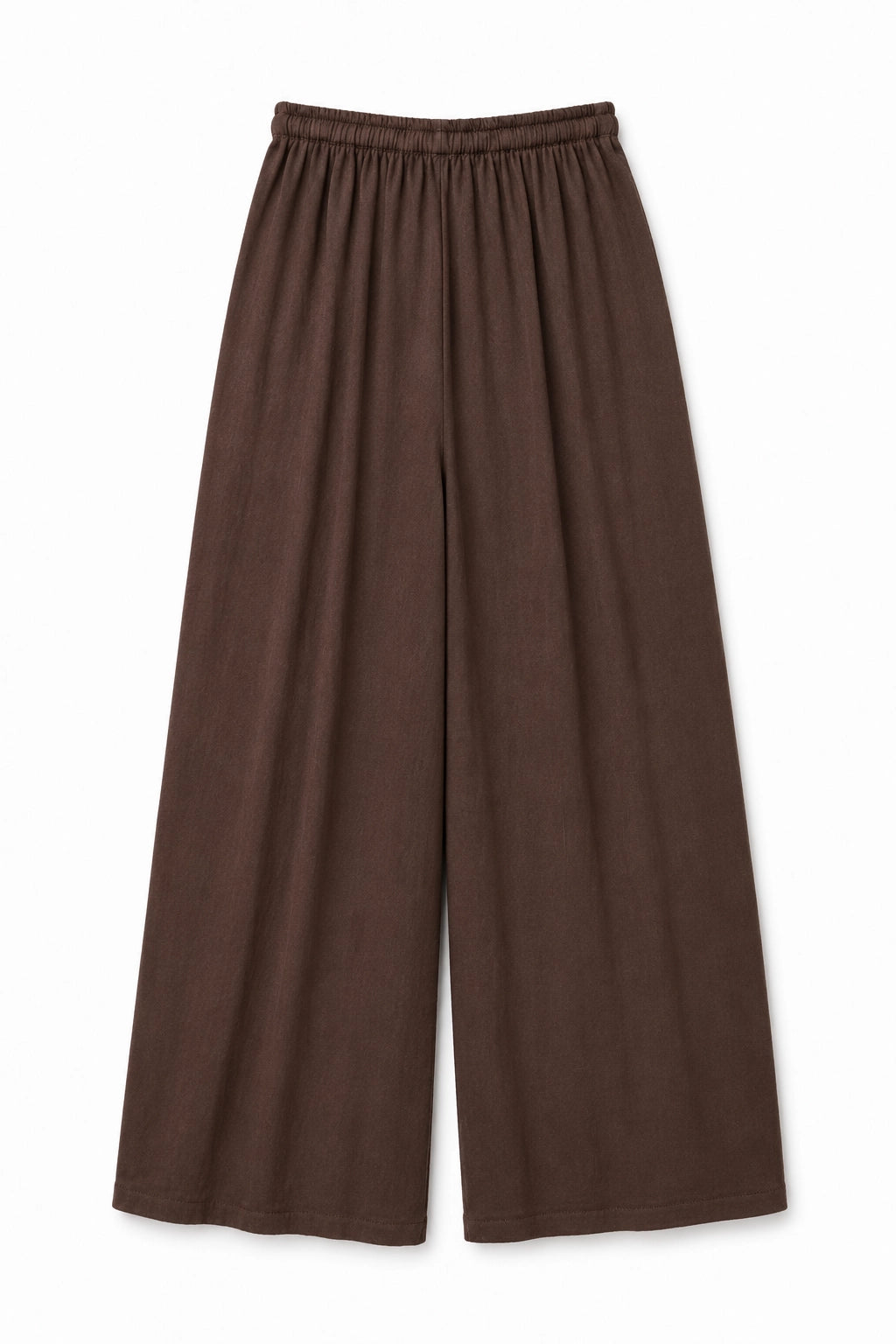 A pair of wide-leg cropped pants in a solid dark brown color, featuring an elastic waistband, shown against a plain white background.