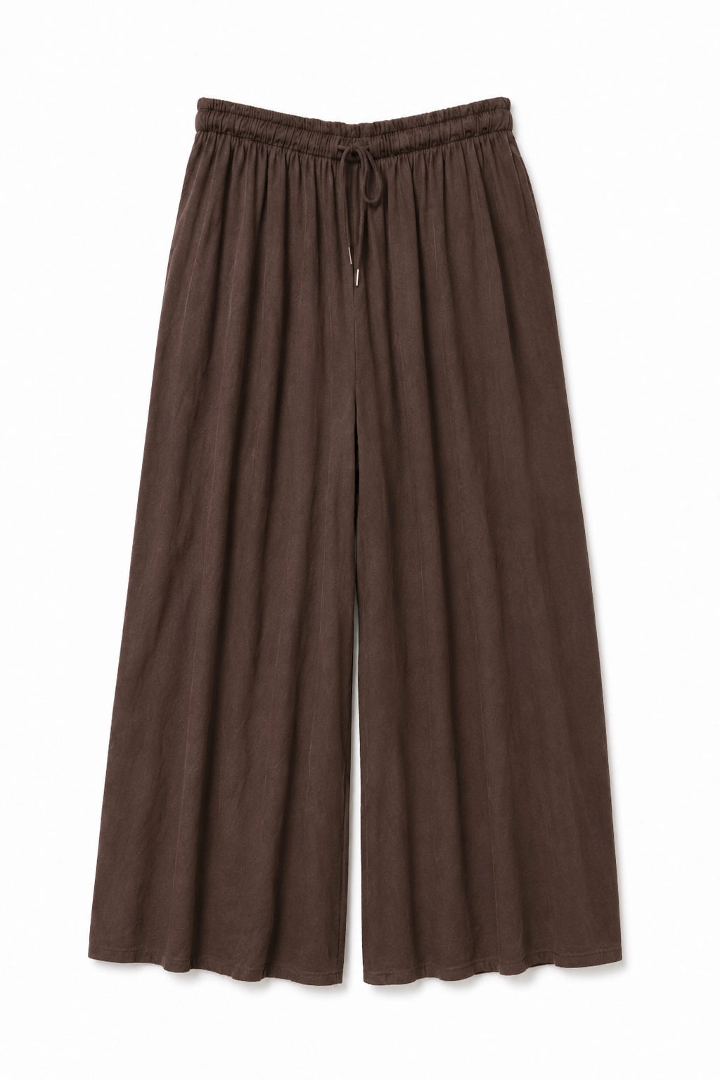 A pair of wide-leg, cropped brown pants with an elastic drawstring waist, displayed against a plain white background.