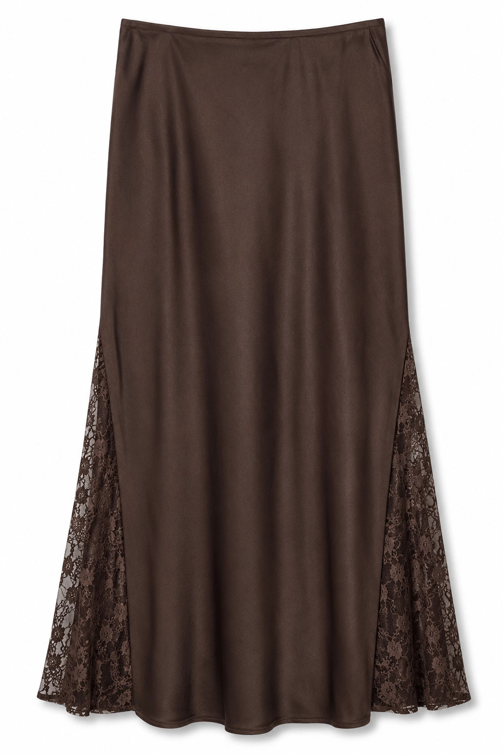 A brown satin midi skirt with lace side panels, shown flat against a white background.