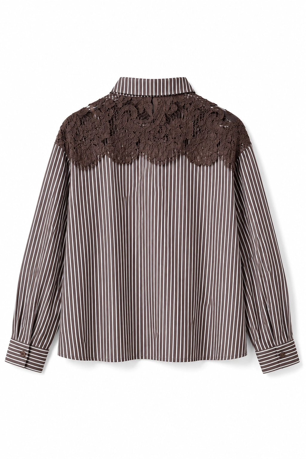 A women's long-sleeve button-up shirt with brown and white vertical stripes, featuring a solid dark brown lace yoke across the shoulders and a scalloped lace neckline.