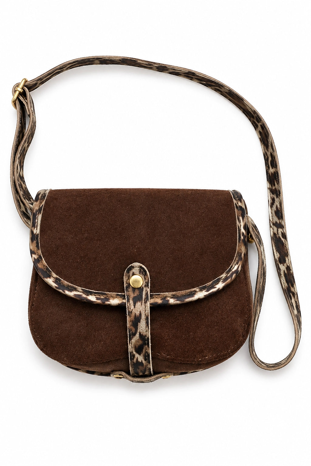 A brown suede saddle bag with leopard-print trim and a matching shoulder strap, shown on a plain white background.