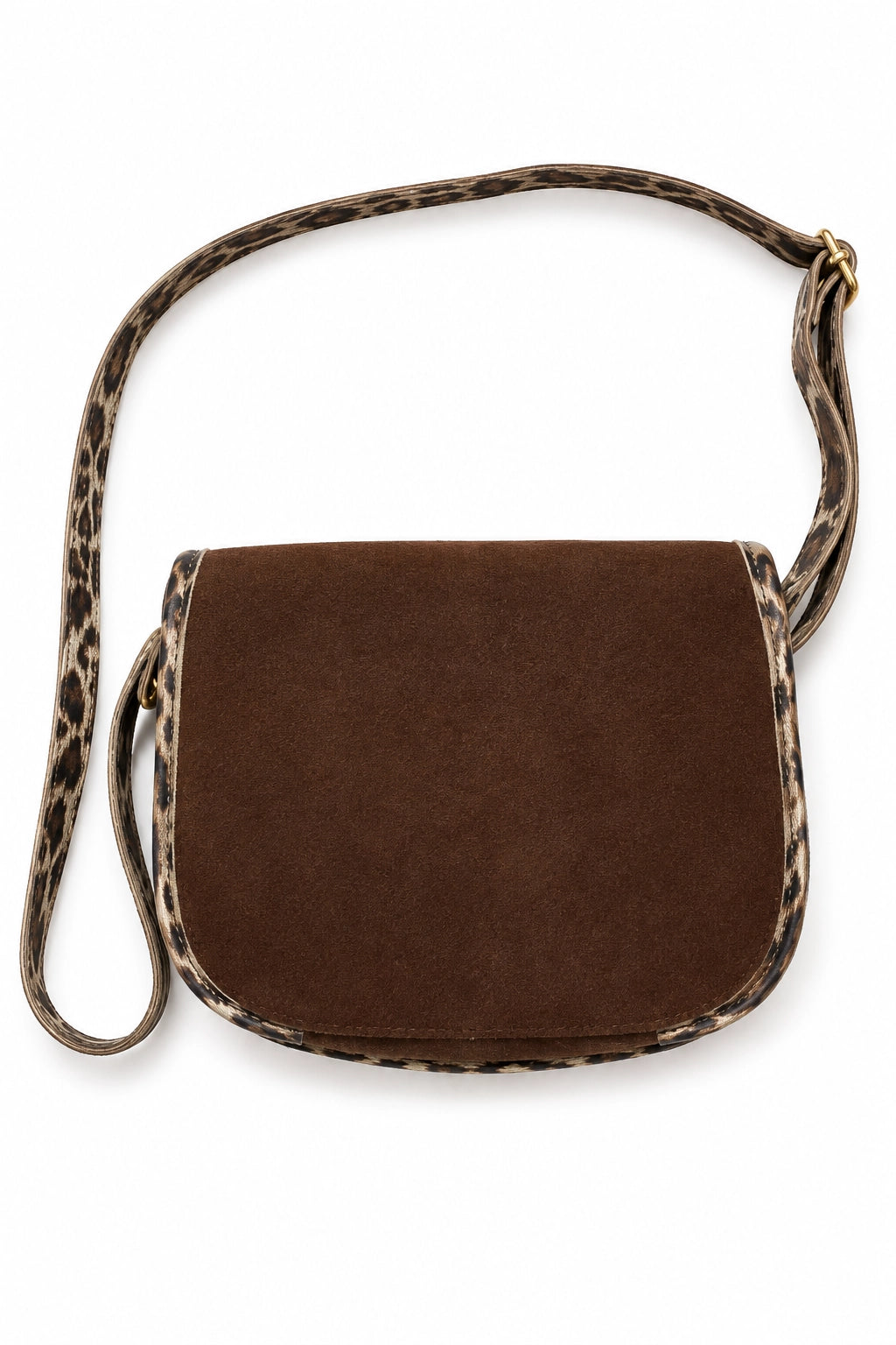 A brown suede crossbody bag with a leopard-print strap and trim, shown against a plain white background.