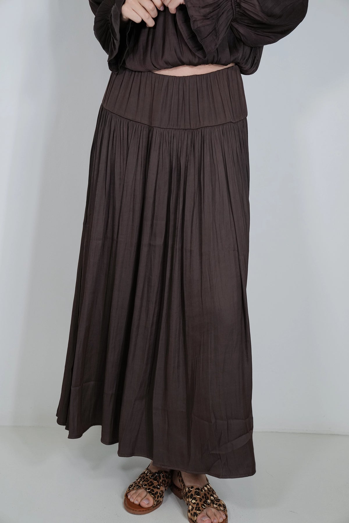 A dark brown pleated maxi skirt worn by a model, paired with leopard-print sandals and a matching dark brown top, shown against a plain light gray background.