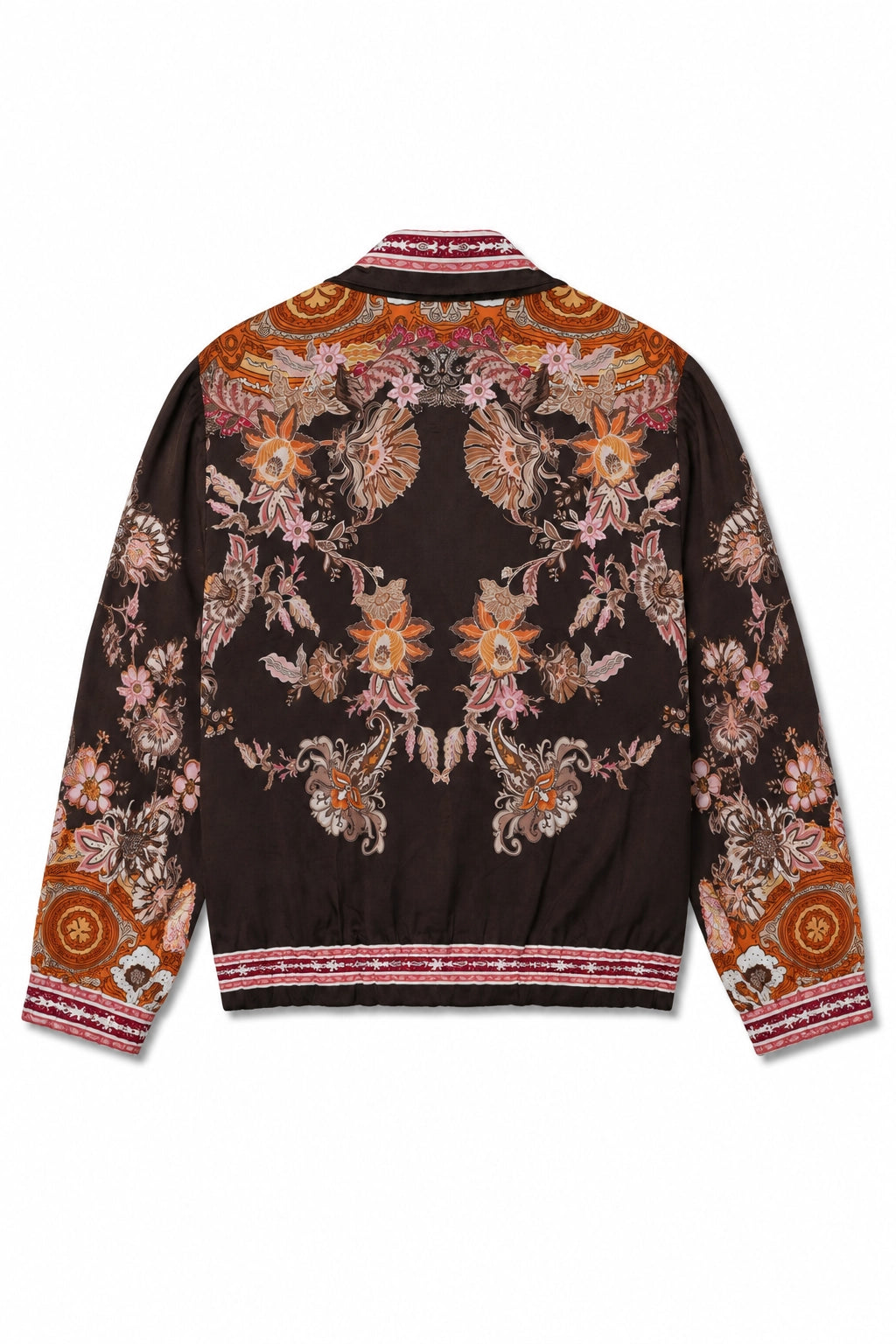 Chocolate and Orange Print Viscose/Silk Bomber Jacket