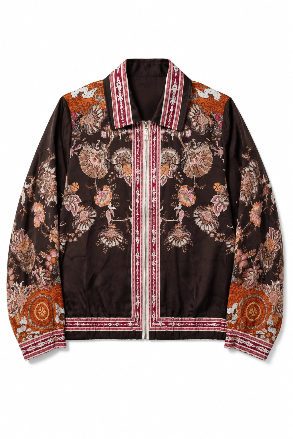 Chocolate and Orange Print Viscose/Silk Bomber Jacket