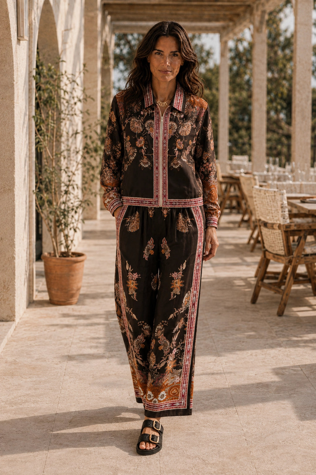 Chocolate and Orange Print Viscose/Silk Bomber Jacket