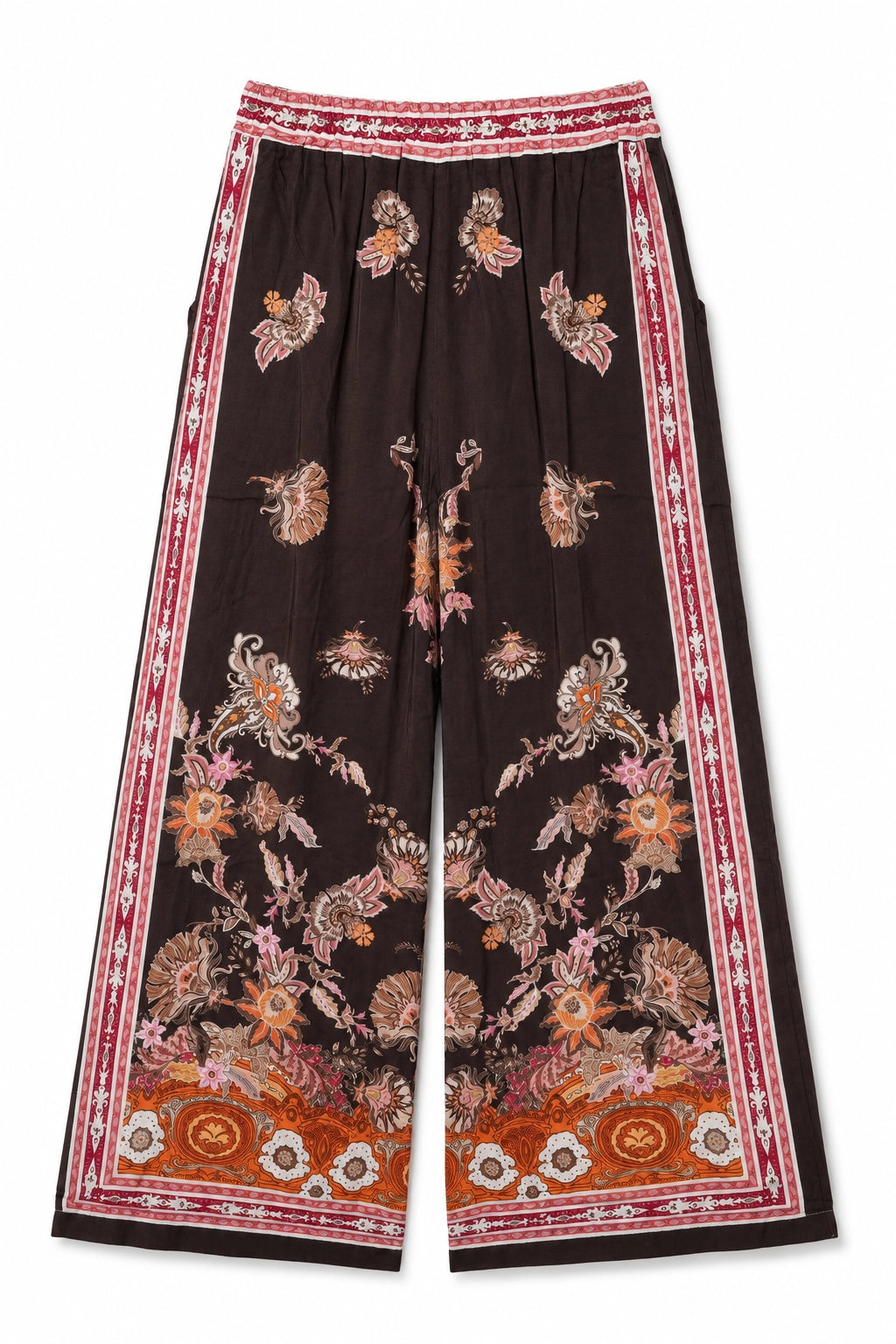 A pair of wide-leg trousers in dark brown with intricate floral and butterfly embroidery in orange, pink, and beige, featuring red and white patterned borders.