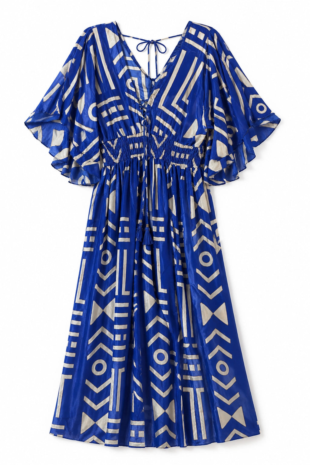 A royal blue midi dress with a cream geometric pattern, featuring wide flutter sleeves, a V-neckline with tie details, and a gathered waist.
