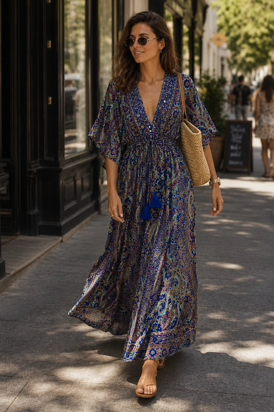 A woman walking on a city sidewalk wearing a long, flowy maxi dress with a blue, purple, and black paisley pattern. She is carrying a woven straw tote bag and wearing sunglasses.