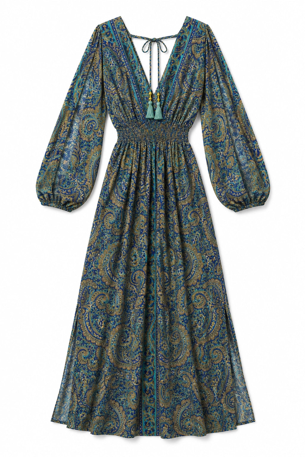 A long-sleeve midi dress with a deep V-neckline, tie-front detail, and a gathered waist, featuring an all-over paisley pattern in teal, blue, and gold tones, shown against a plain white background.