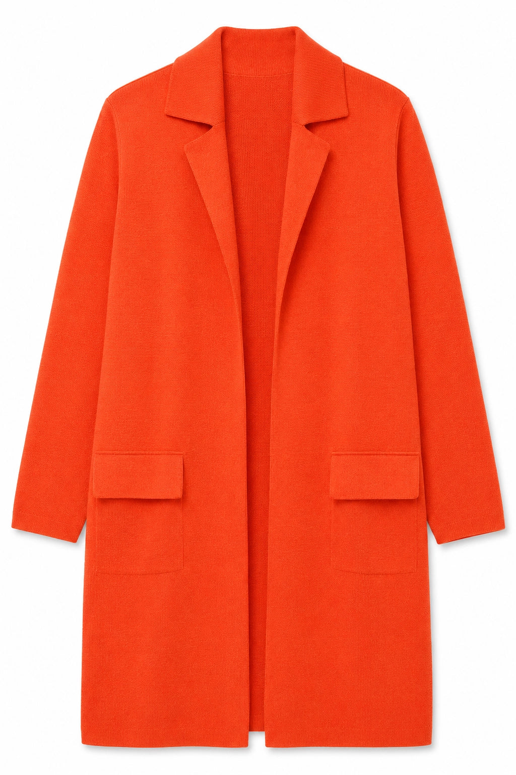 A bright orange wool-blend coat with notch lapels, long sleeves, and two front flap pockets, shown flat against a plain white background.