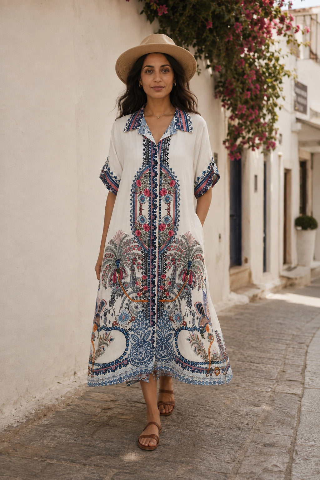 A woman wearing a white bohemian midi dress with colorful blue, red, and green patterns, a beige straw hat, and brown sandals, walking down a sunny, sunlit street with white walls and pink bougainvillea flowers.
