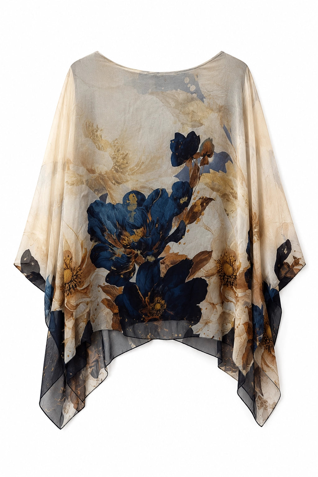 A lightweight, semi-sheer poncho-style top with a wide boat neckline, featuring a large floral print in navy blue, beige, and brown tones, displayed against a solid white background.