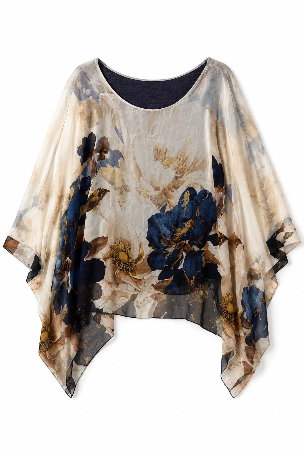 A lightweight, semi-sheer poncho-style top with a large floral print in navy blue, beige, and brown, displayed against a plain white background.
