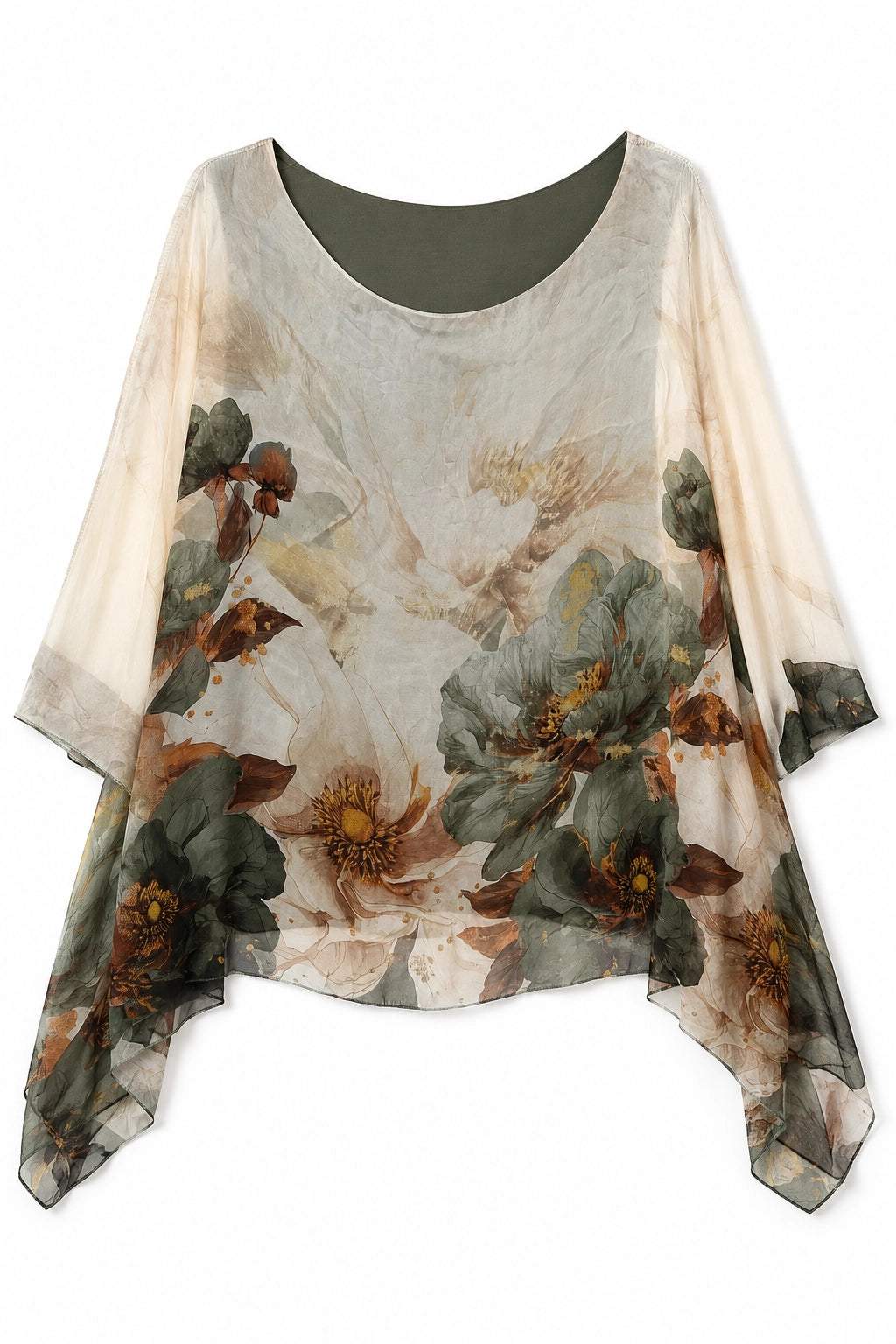 A sheer, lightweight top with a large-scale floral print in muted green, brown, and beige tones, featuring a wide scoop neckline and asymmetrical draped edges.