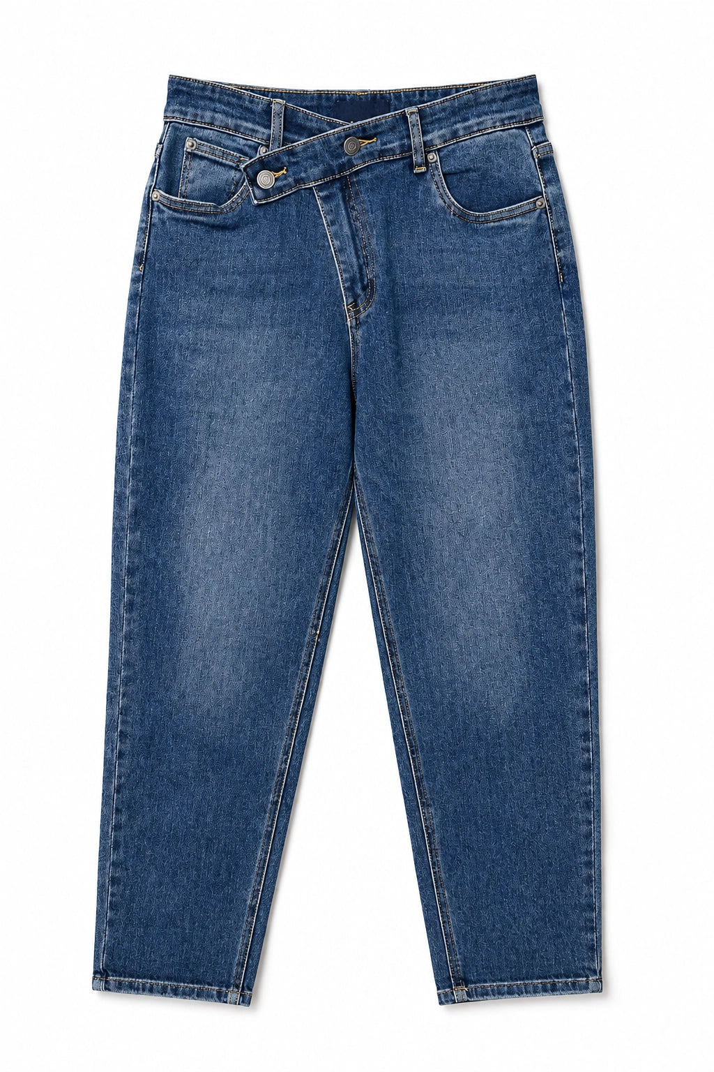 A pair of medium wash blue denim jeans with a straight-to-slightly-relaxed leg, laid flat against a solid white background.
