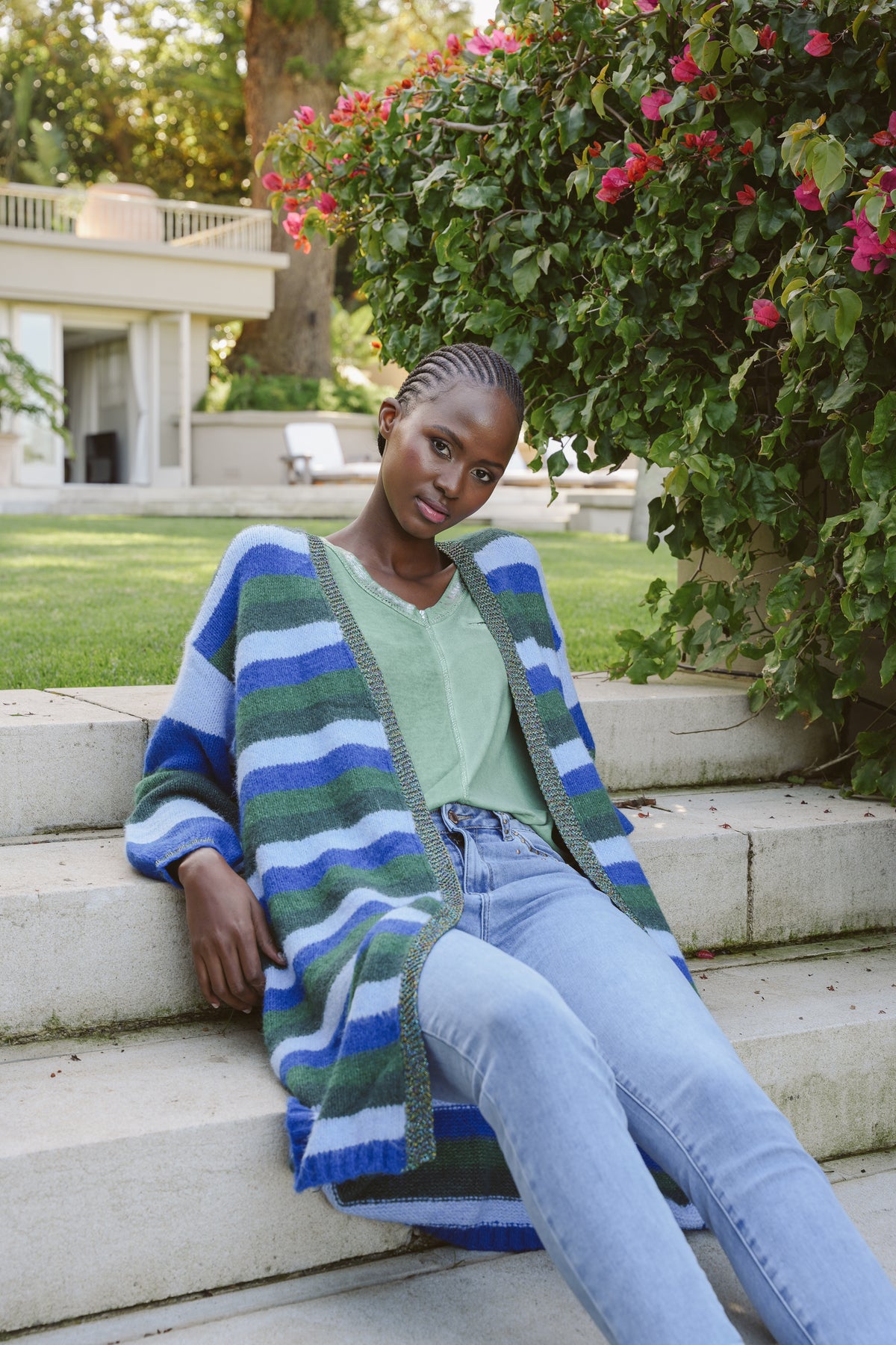 Forrest Green and Blue Striped Cosy Longer Length Cardigan