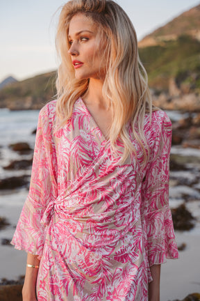 Taupe and Pink Floral Eliza Wrap Dress