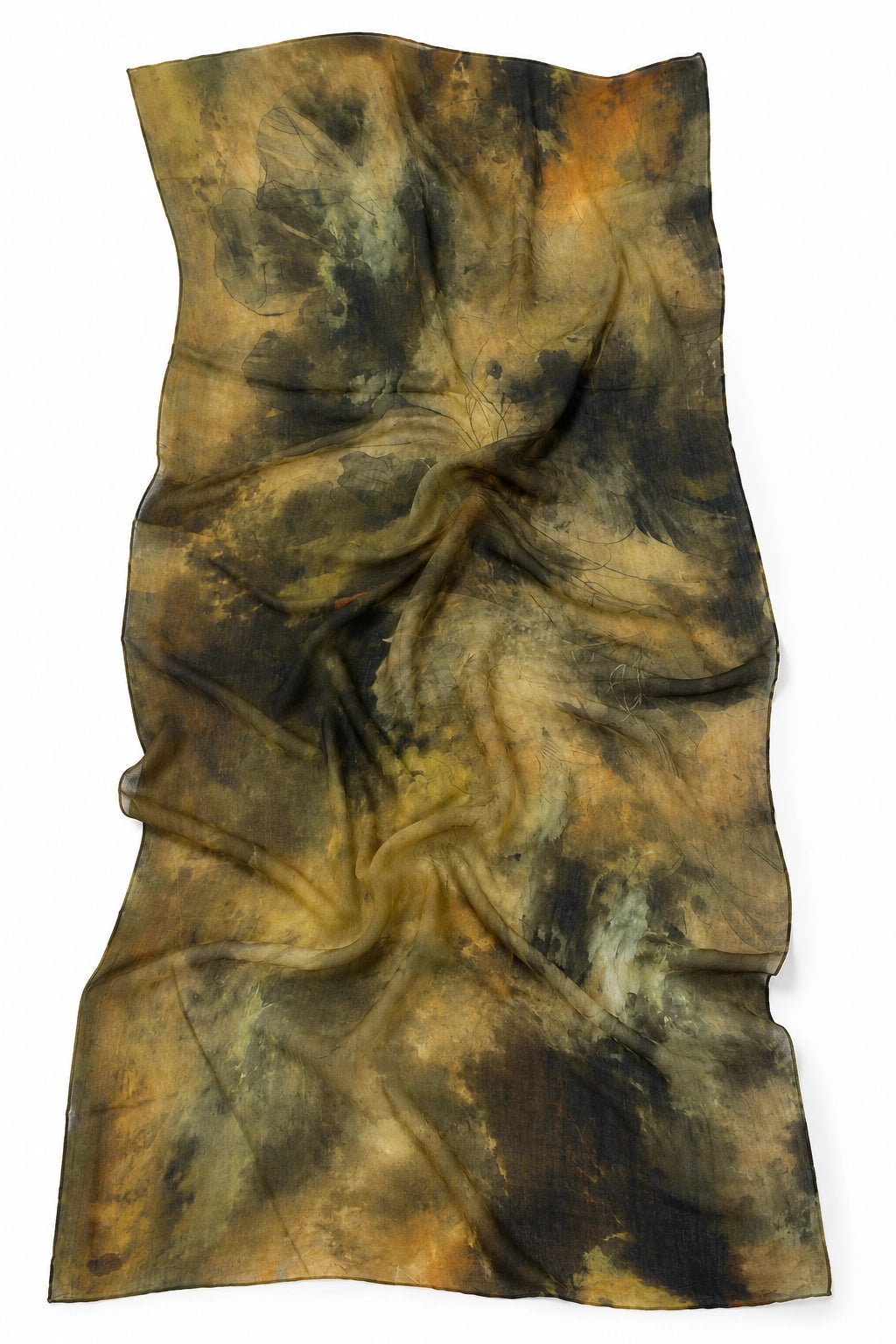 A lightweight fabric scarf with an abstract, marbled pattern in shades of brown, gold, black, and cream, shown against a plain white background.