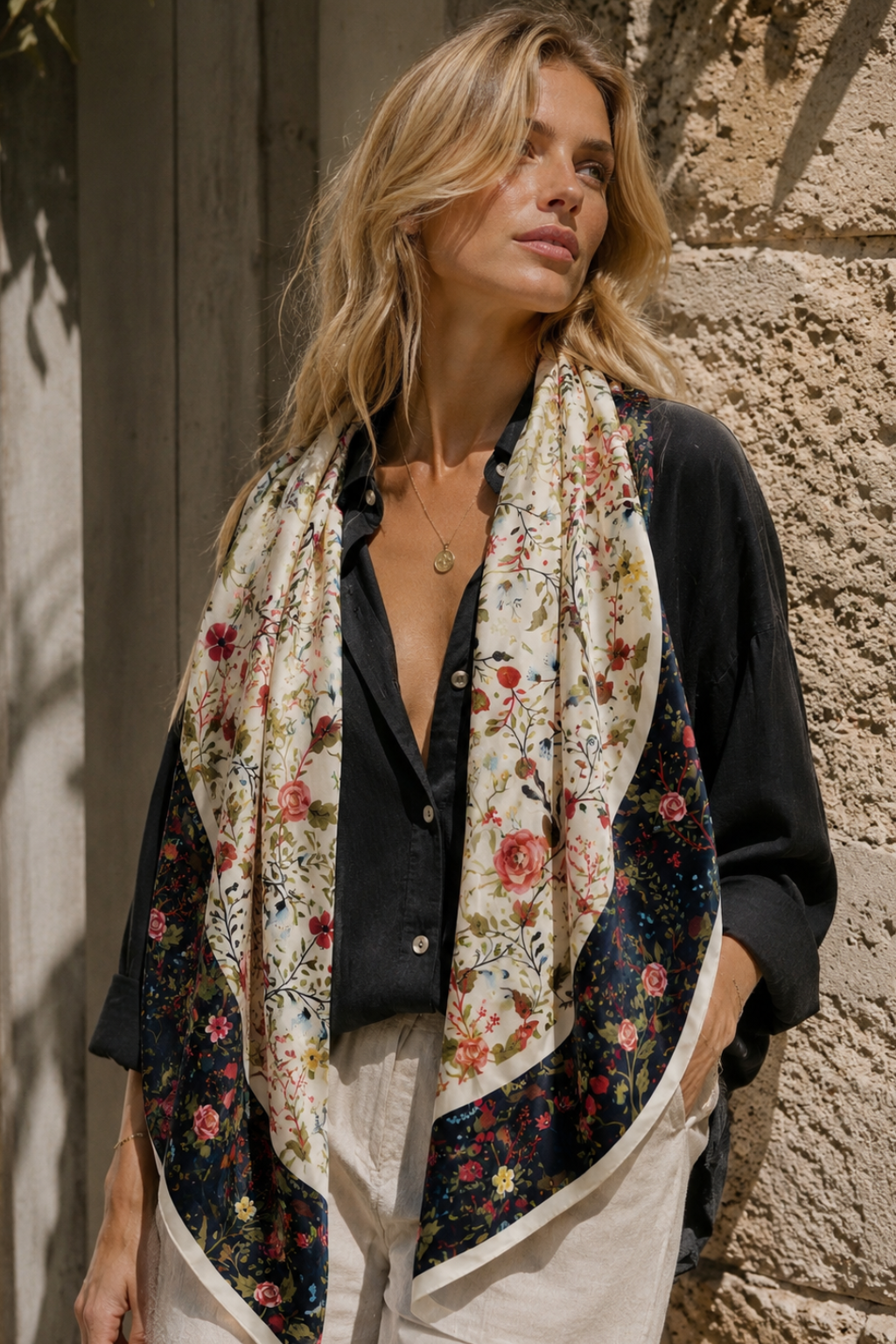 A woman wearing a large floral scarf draped over her shoulders, paired with a black button-up shirt and cream trousers, standing against a rustic stone wall.