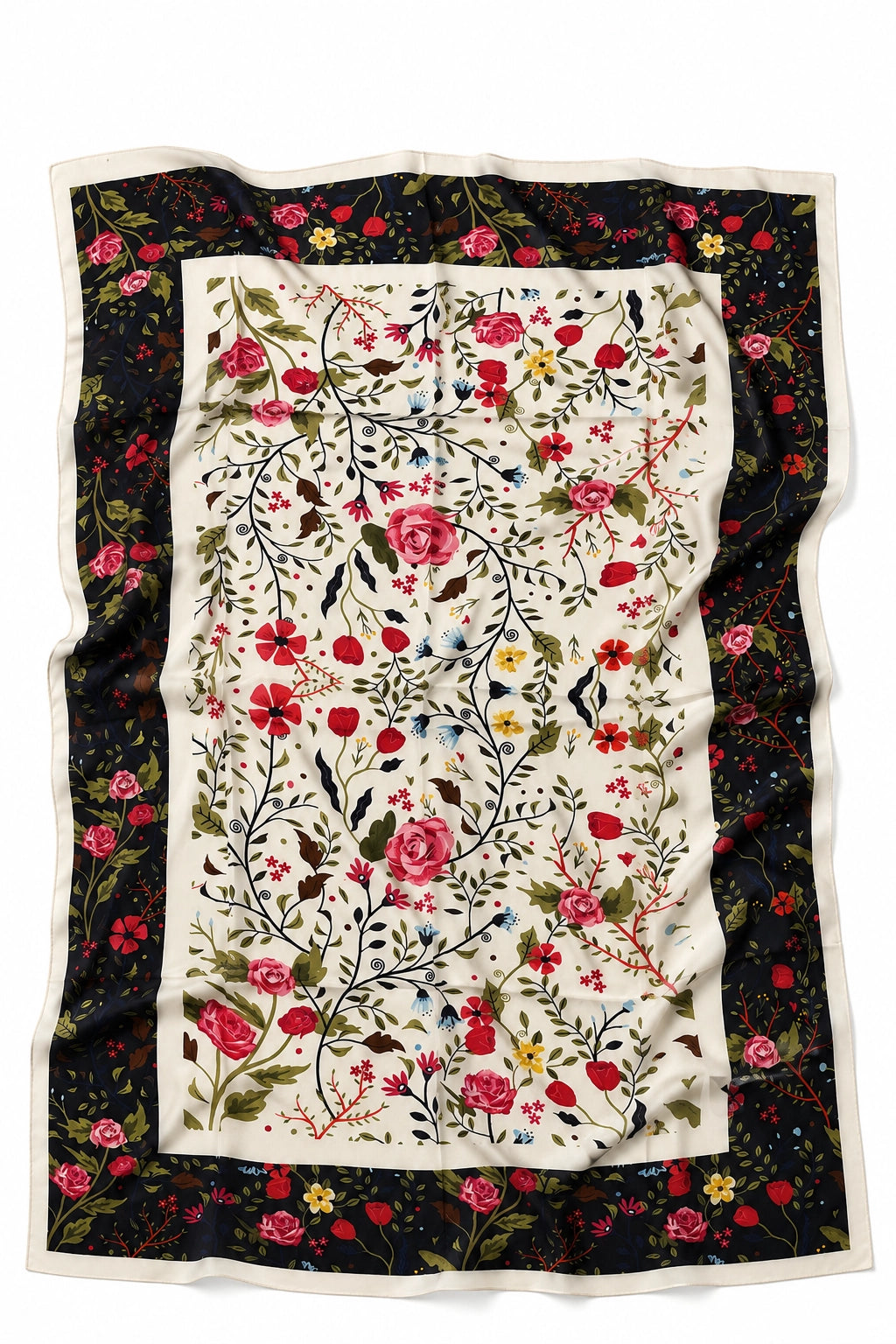 A rectangular scarf with a central cream panel featuring a dense red, pink, and green floral vine pattern, surrounded by a dark navy border with a smaller floral print and a thin cream edge.