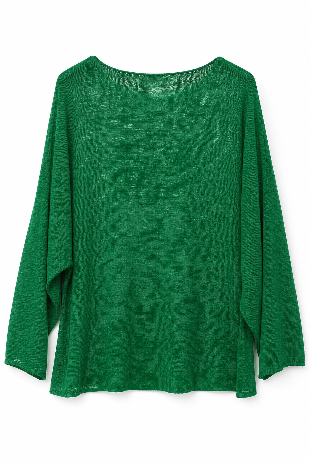 A vibrant green long-sleeve knit top with a wide boat neckline and draped, asymmetrical hem details, shown against a plain white background.