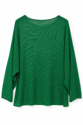 A vibrant green long-sleeve knit top with a wide boat neckline and draped, asymmetrical hem details, shown against a plain white background.