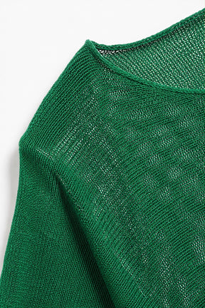 Close-up of a green knit sweater showing the textured fabric and crew neckline on a white background.