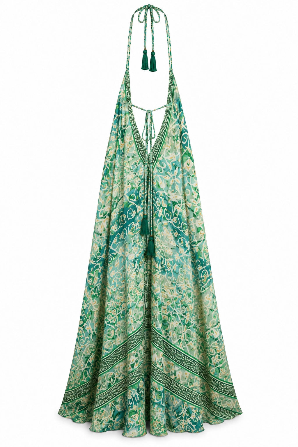 A green and beige patterned halter maxi dress with tassel ties, shown against a plain white background.