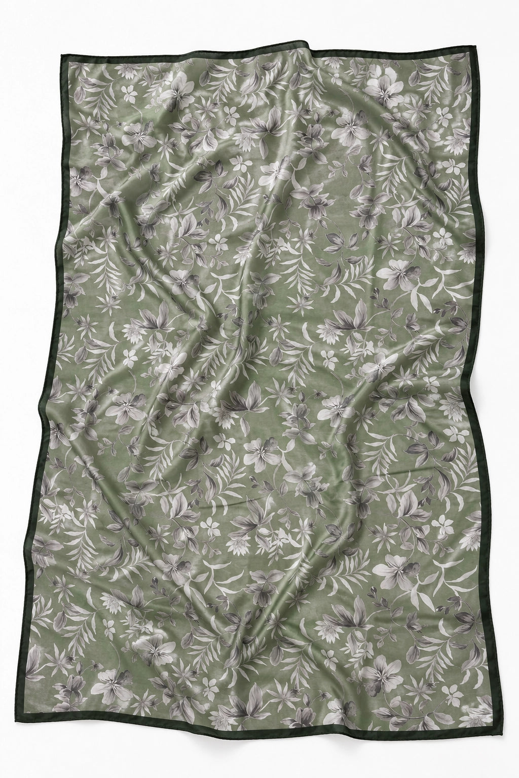 A rectangular scarf with a sage green background, featuring a white and gray floral pattern and a solid dark green border, laid flat on a white background.