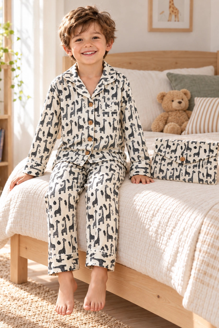 A smiling young boy wearing a matching long-sleeve pajama set with an abstract black and off-white pattern, sitting on a bed in a bright, cozy bedroom.