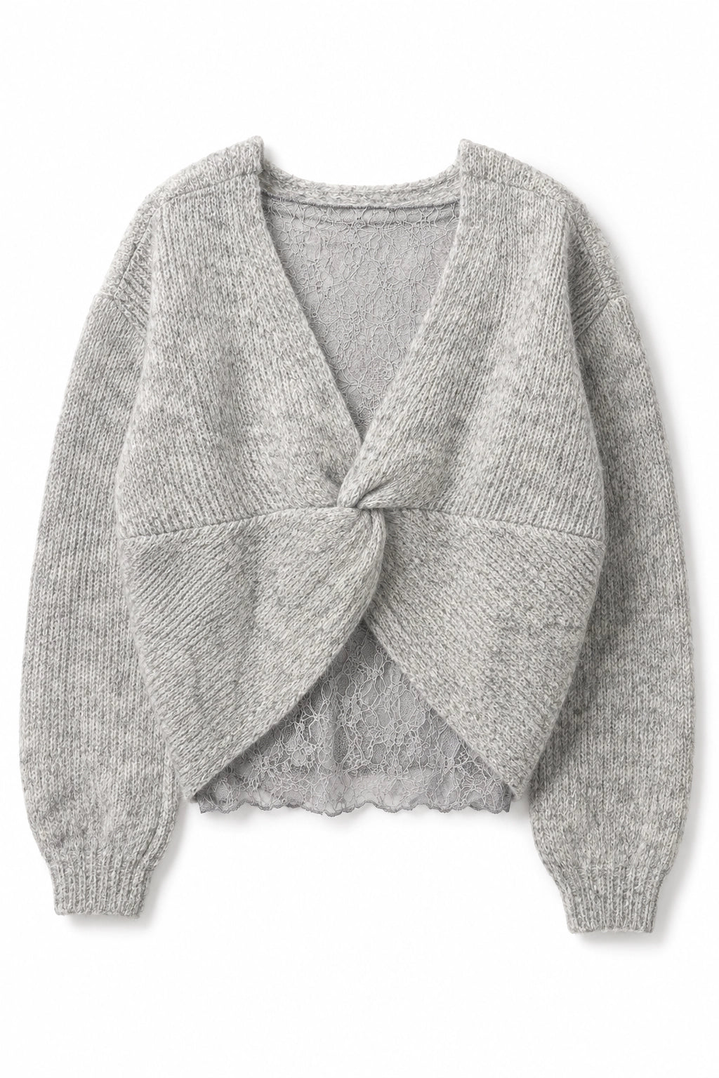 A light gray knit cardigan with a twisted front detail, long sleeves, and a scalloped hem, shown against a plain white background.