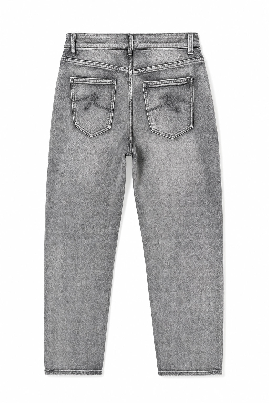 Gray denim jeans shown from the back, featuring a classic five-pocket design with a subtle bow detail on the back pockets, photographed against a plain white background.