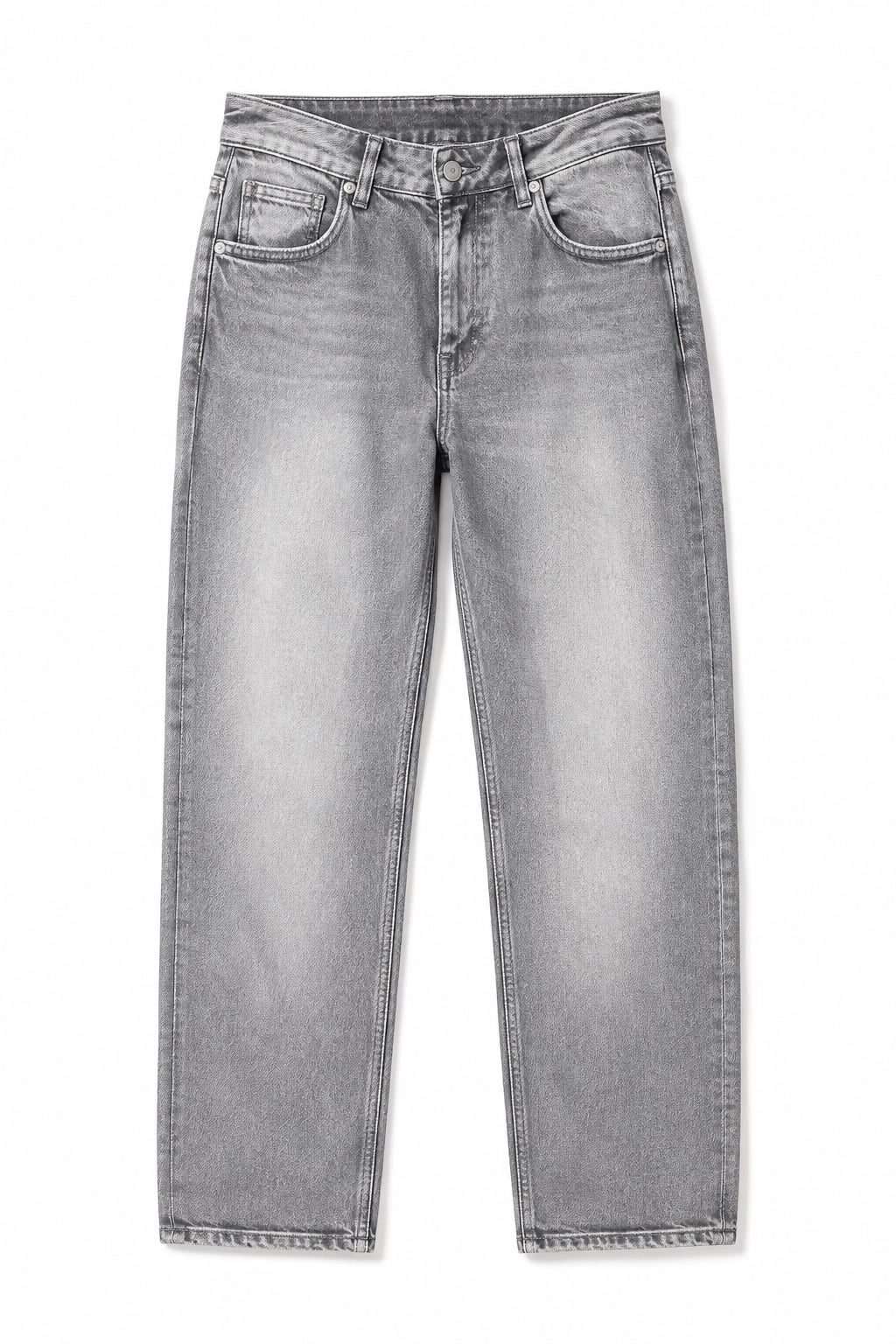 Light gray washed denim jeans shown flat against a plain white background.