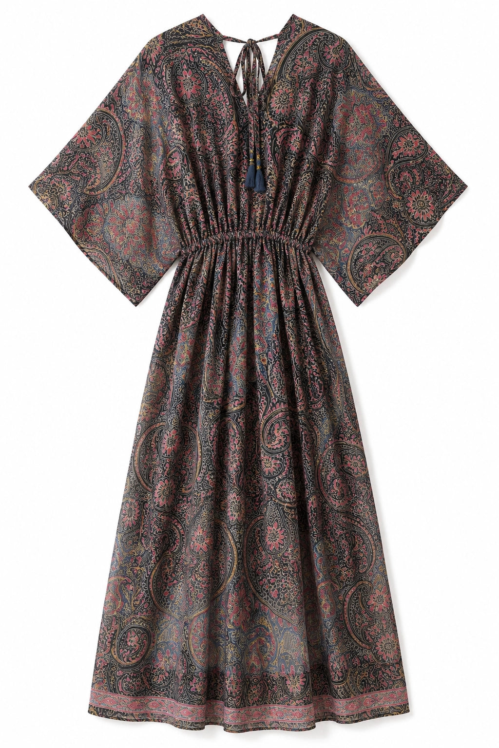 A loose, kaftan-style midi dress with a gathered waist and tie neckline, featuring an all-over paisley pattern in muted brown, dusty rose, and dark charcoal tones, shown against a plain white background.