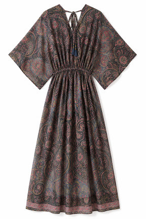 A loose, kaftan-style midi dress with a gathered waist and tie neckline, featuring an all-over paisley pattern in muted brown, dusty rose, and dark charcoal tones, shown against a plain white background.